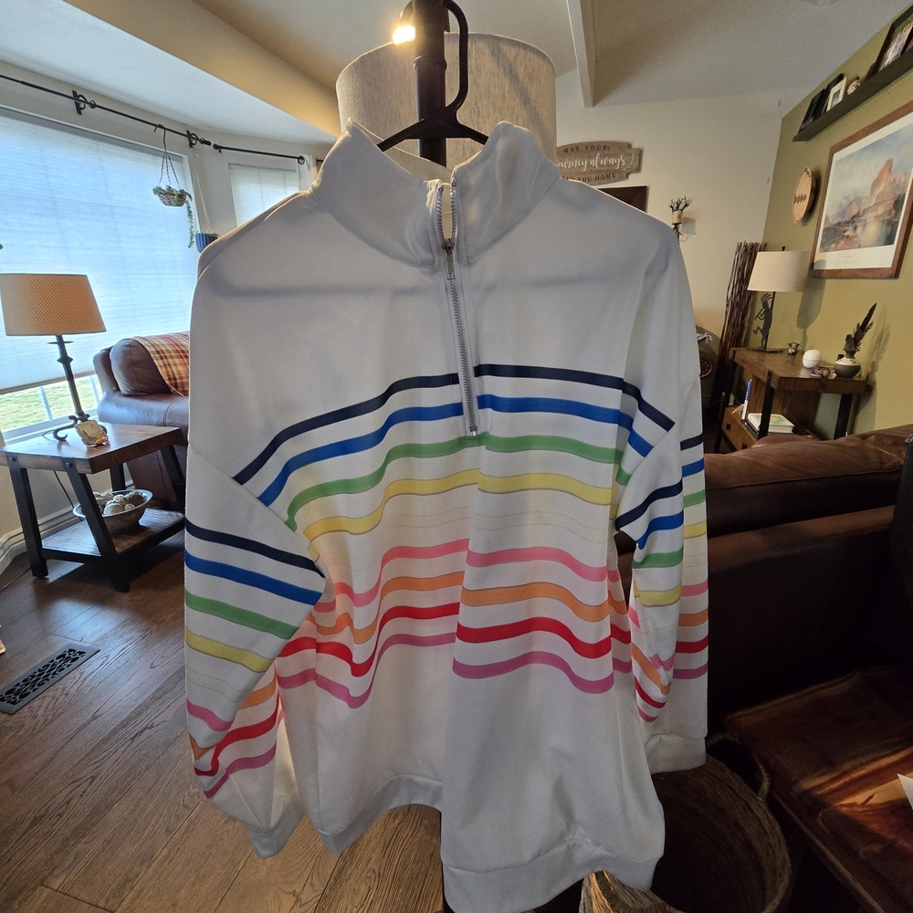 White Quarter-Zip Pullover with Rainbow Stripes